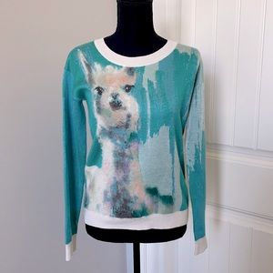 Anthropologie Artwork by Lauren Carlson Walcott Blue Multicolored Llama Sweater